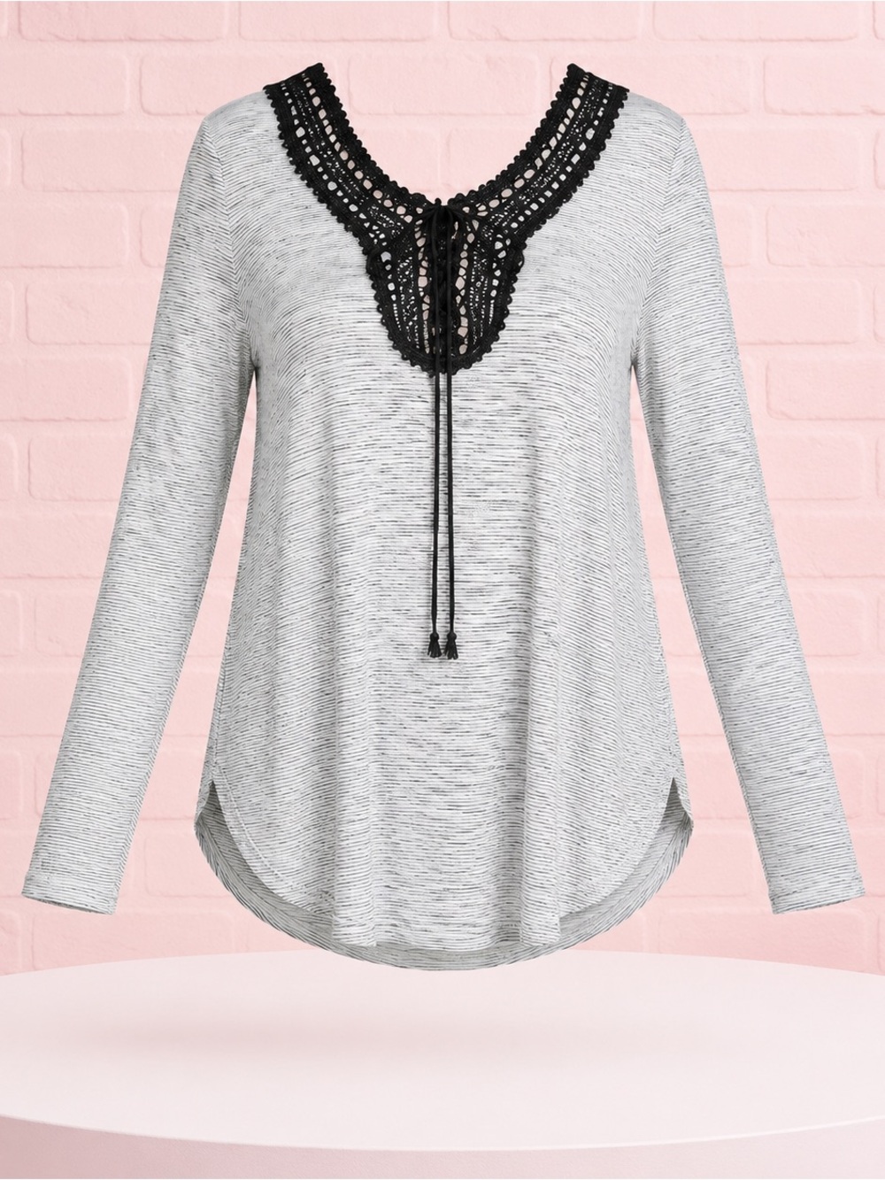 Ella Mara NWT Gray Stripe Black Crochet Lace-Up Tunic Top S M L
